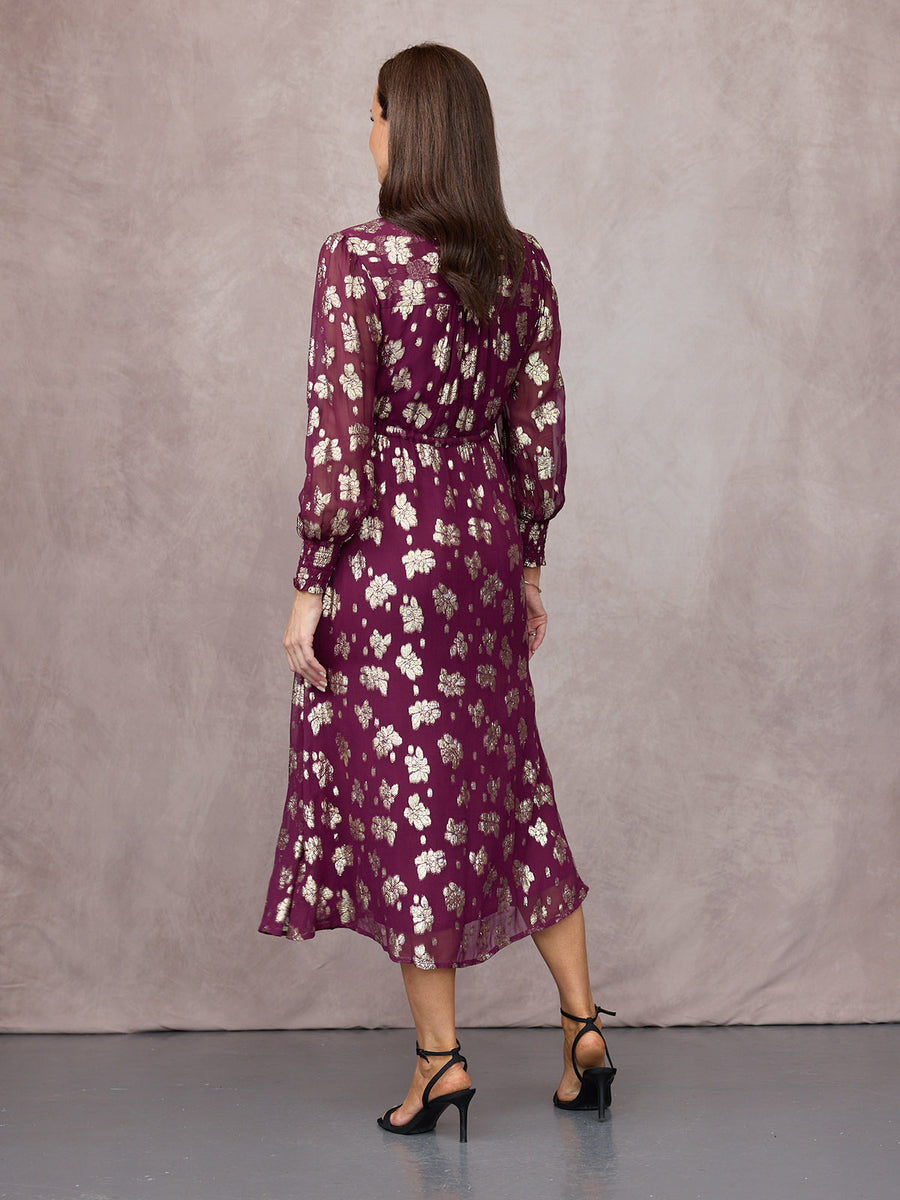 Libby Long Sleeve Floral Lurex Dress - Plum & Gold