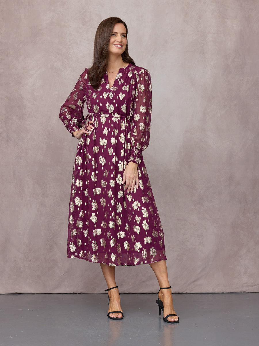 Libby Long Sleeve Floral Lurex Dress - Plum & Gold