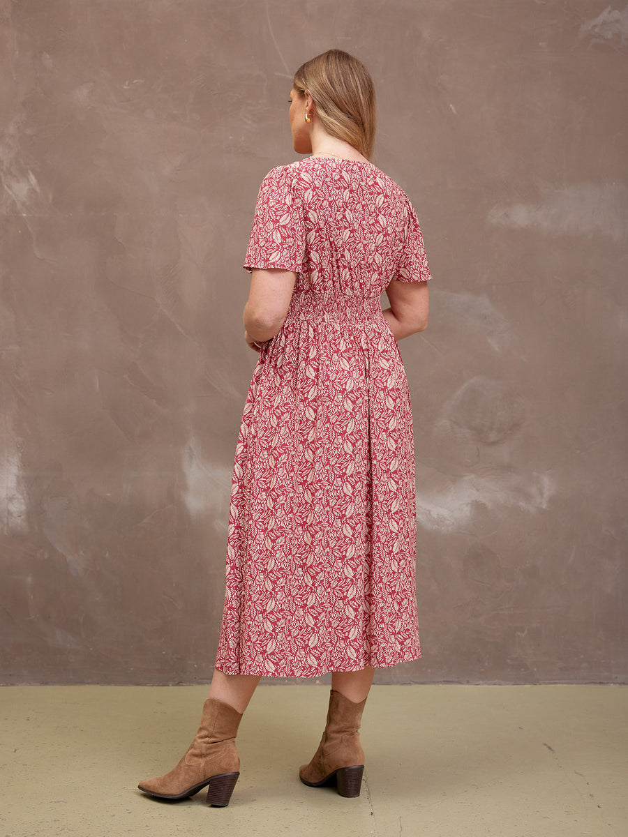 Maddie Short Sleeve Dress - Maroon Leaf Print