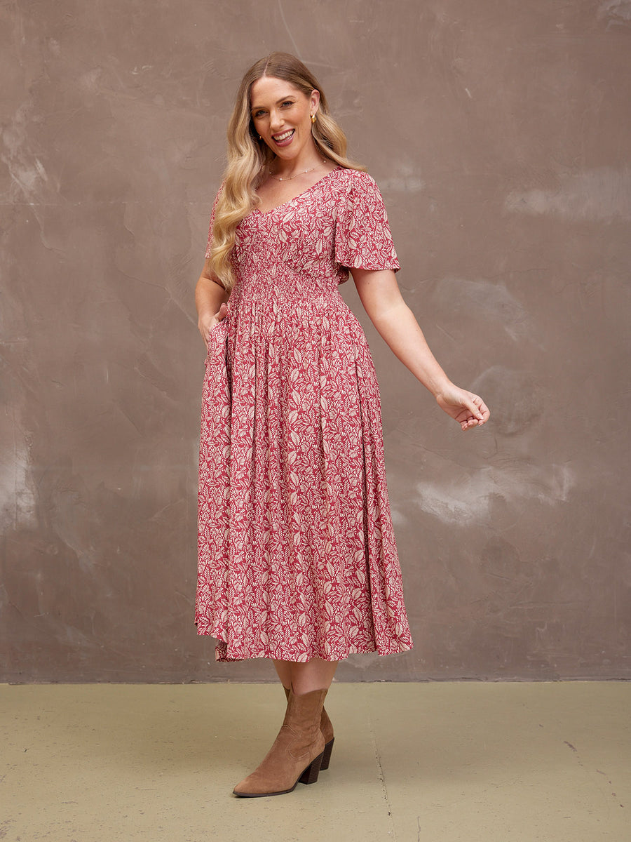 Maddie Short Sleeve Dress - Maroon Leaf Print