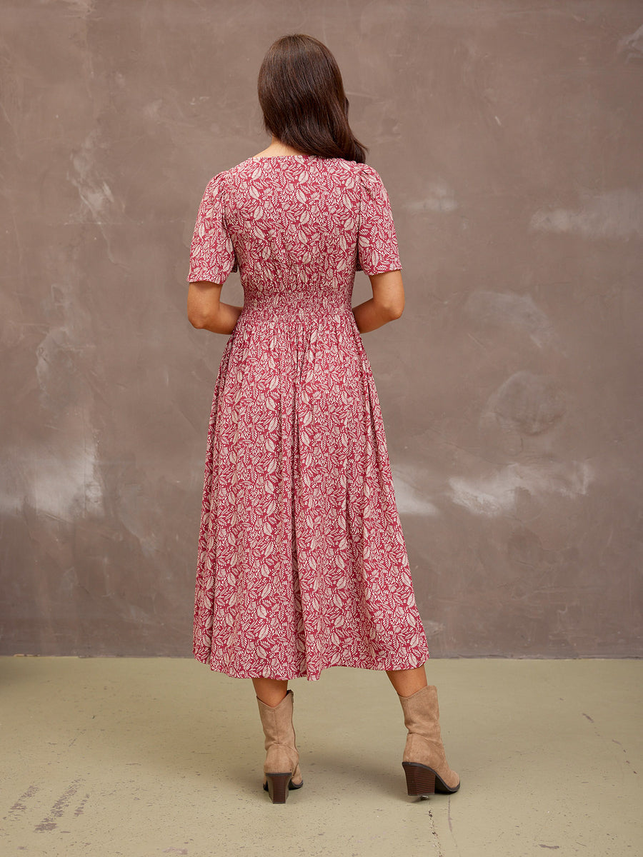 Maddie Short Sleeve Dress - Maroon Leaf Print