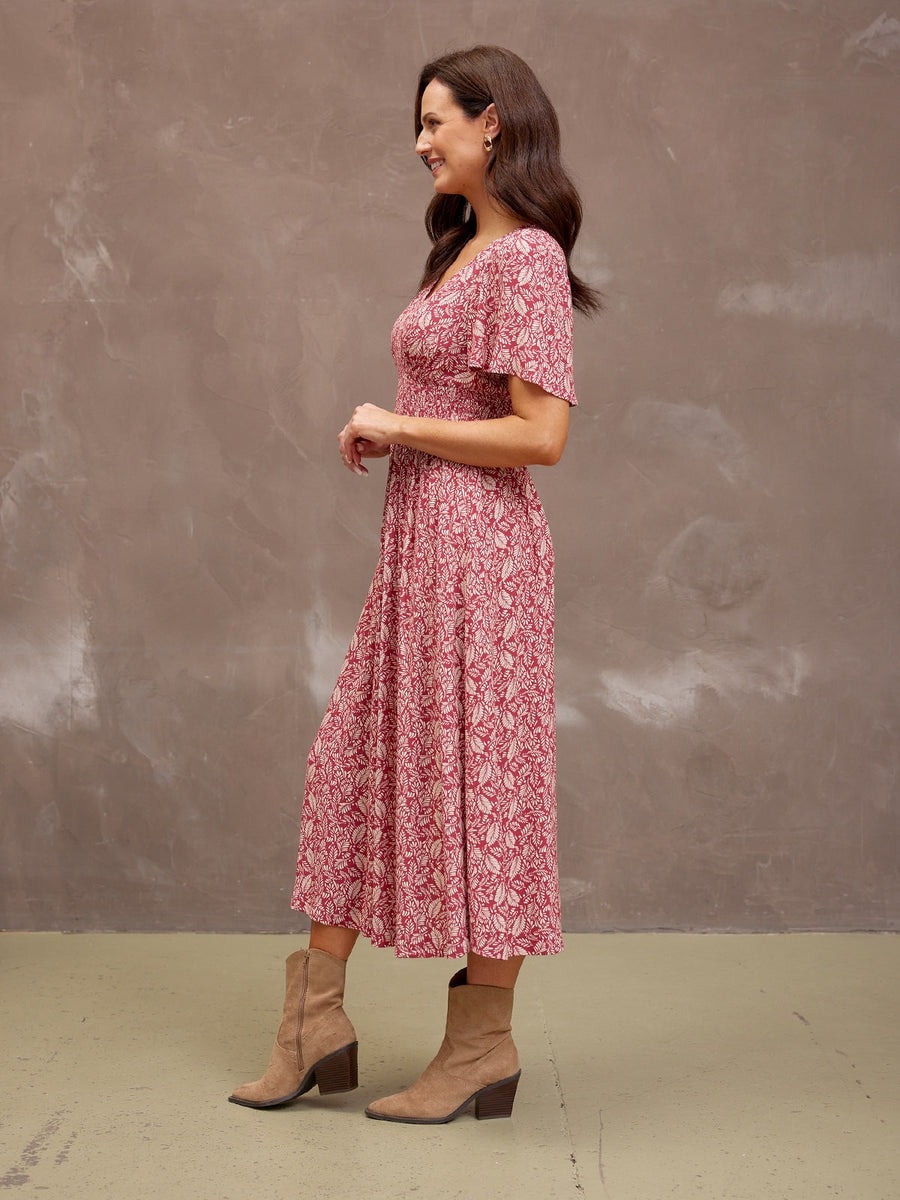 Maddie Short Sleeve Dress - Maroon Leaf Print