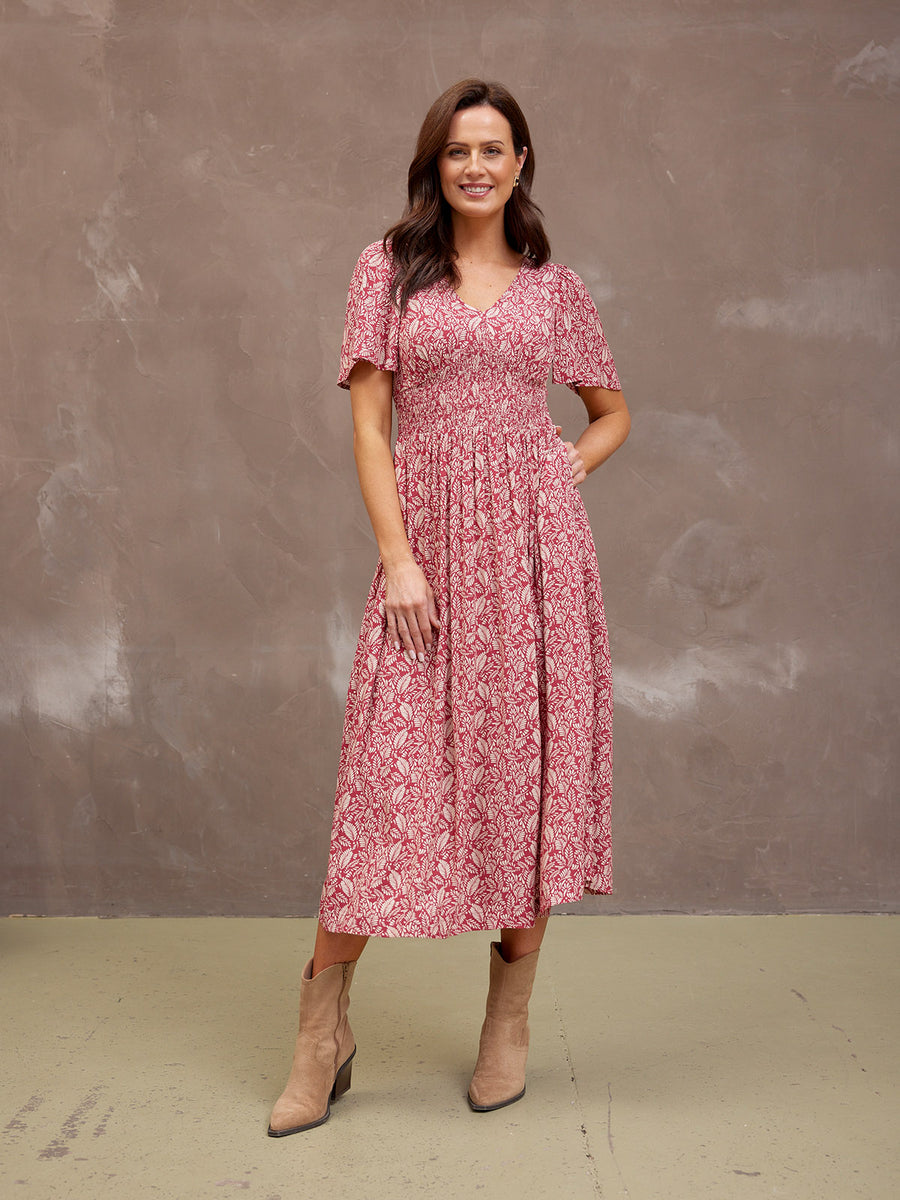 Maddie Short Sleeve Dress - Maroon Leaf Print