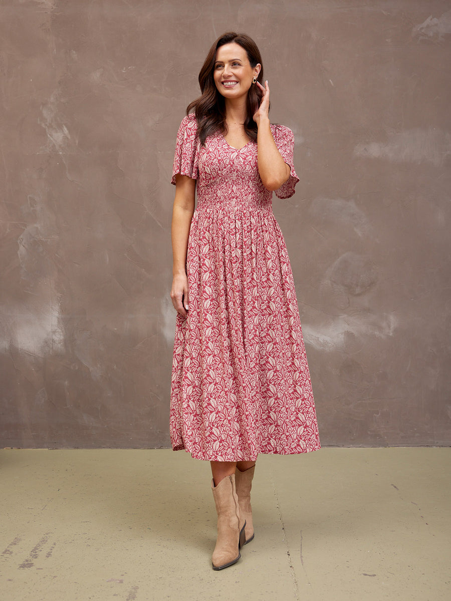 Maddie Short Sleeve Dress - Maroon Leaf Print
