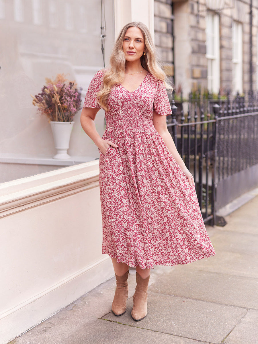 Maddie Short Sleeve Dress - Maroon Leaf Print This is Unfolded Maddie Short Sleeve Dress - Maroon Leaf Print This is Unfolded