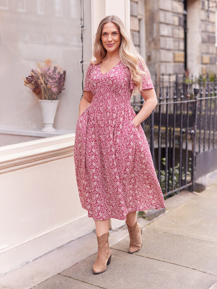 Maddie Short Sleeve Dress - Maroon Leaf Print