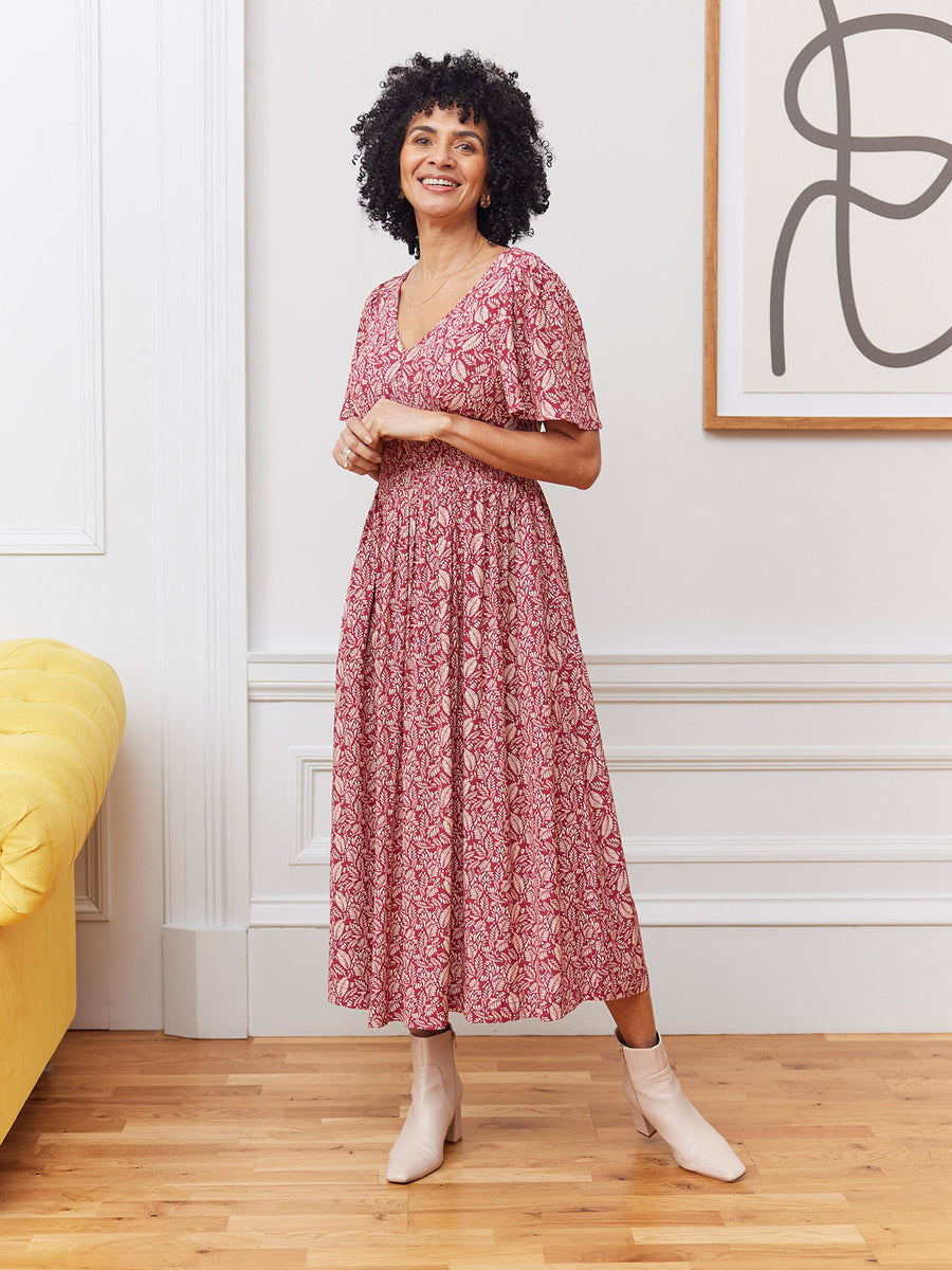 Maddie Short Sleeve Dress - Maroon Leaf Print