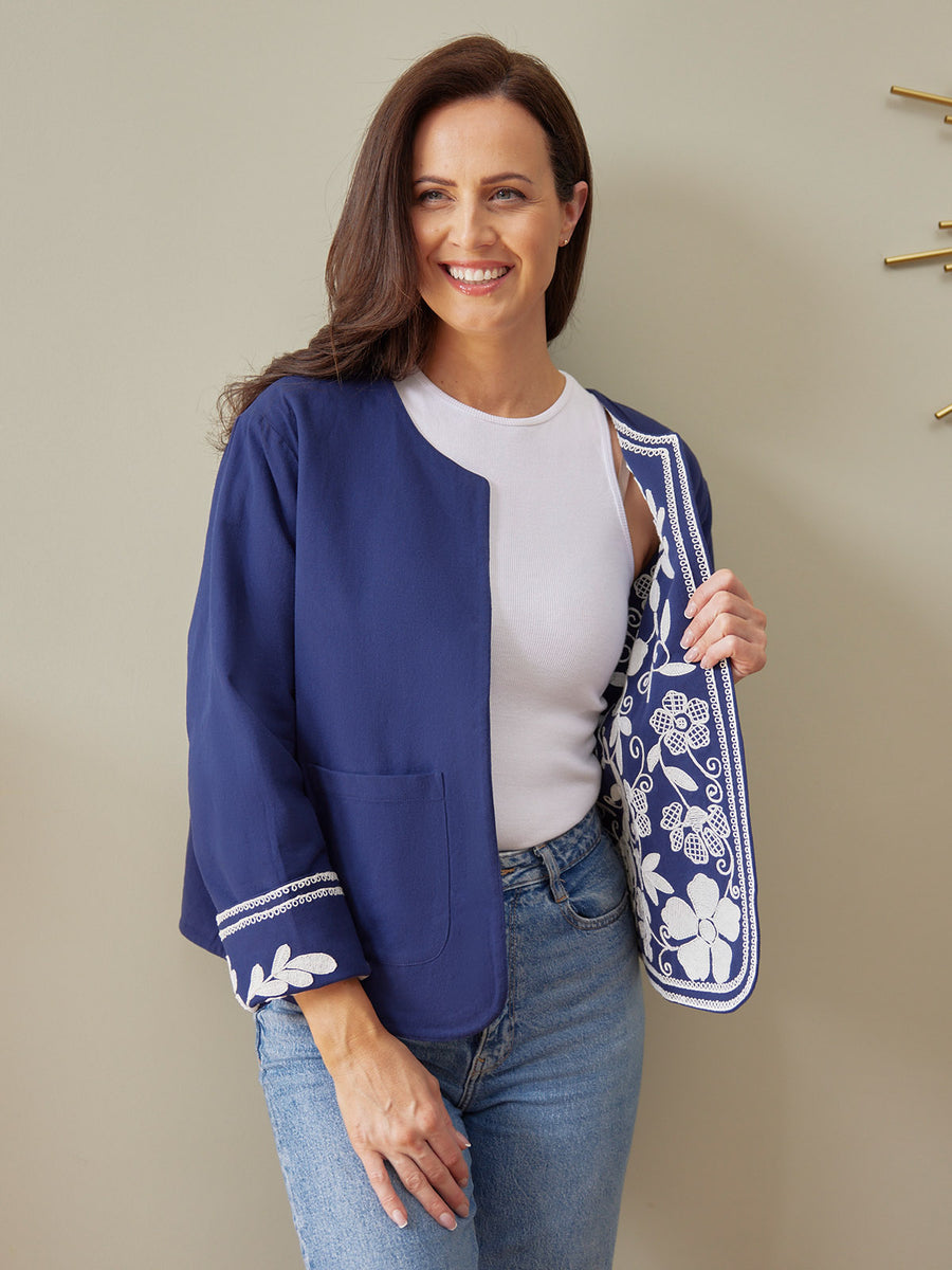 Elaine Embroidered Jacket - Reversible Navy