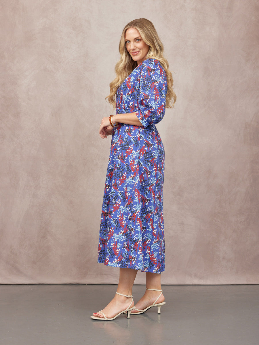 Jackie Contrast Trim Dress - Blue & Multi Floral Print