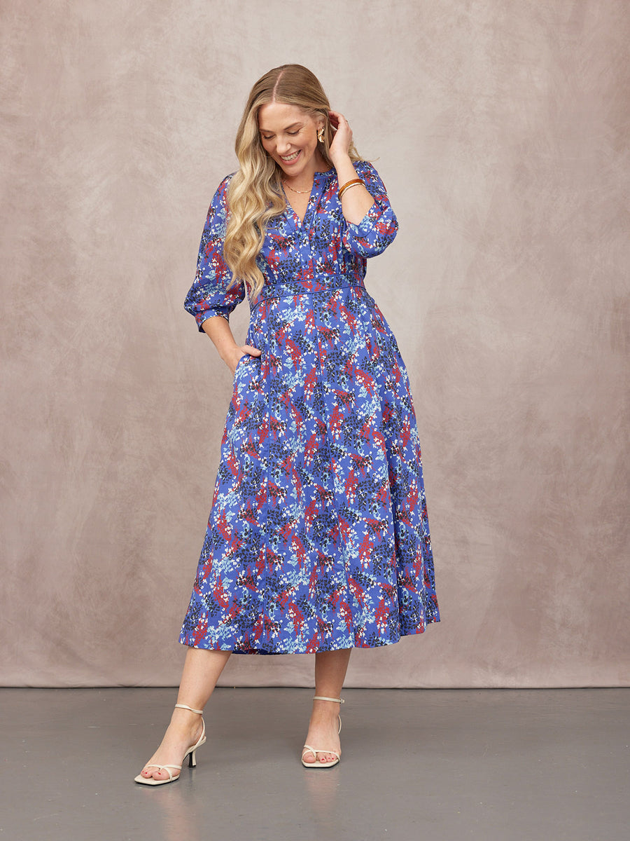 Jackie Contrast Trim Dress - Blue & Multi Floral Print