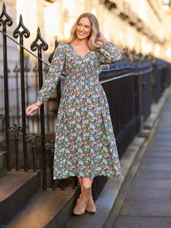 Maddie V-Neck Dress - Multi Coloured Floral