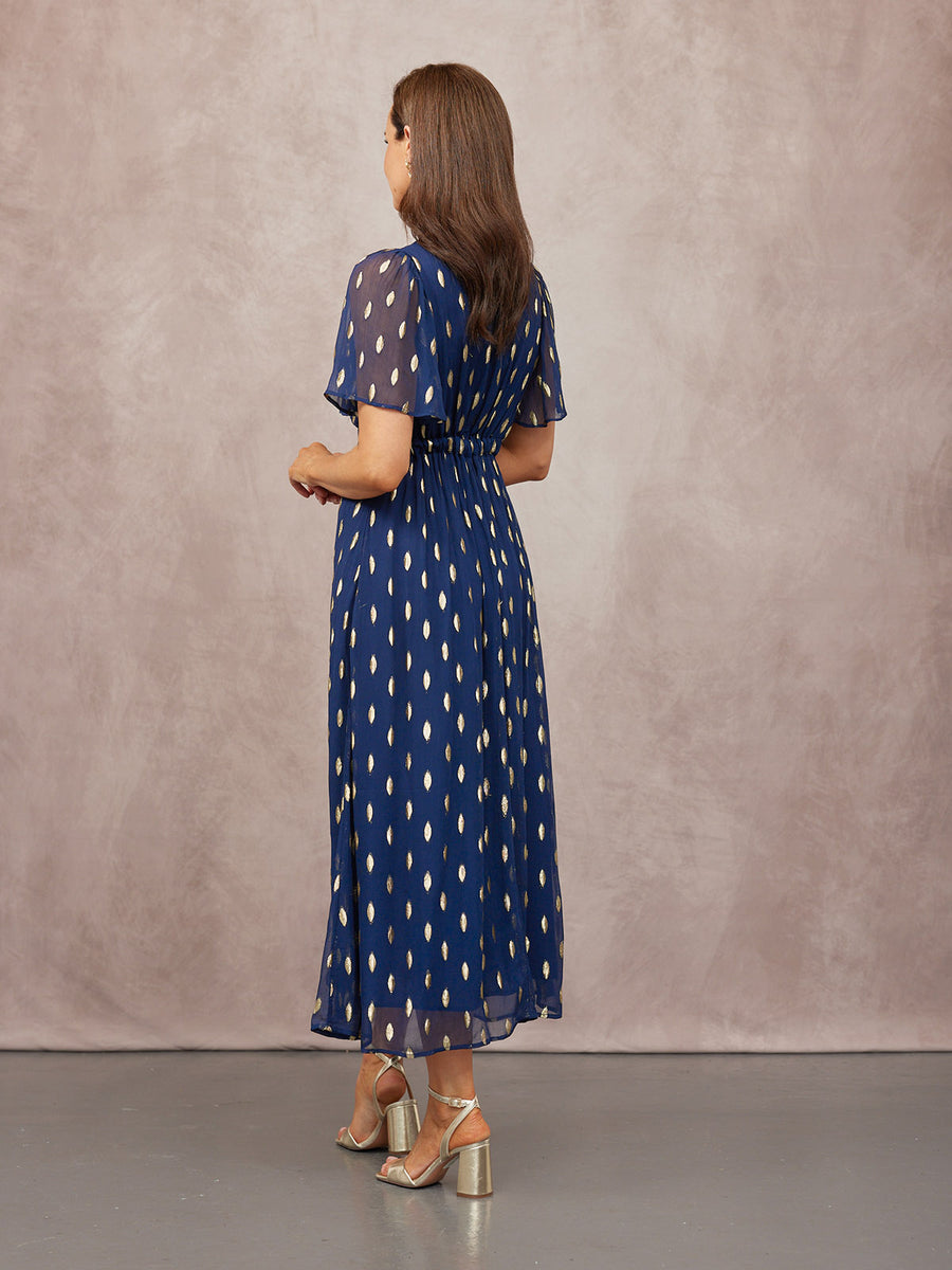 Helena Angel Sleeve Lurex Dress - Navy & Gold
