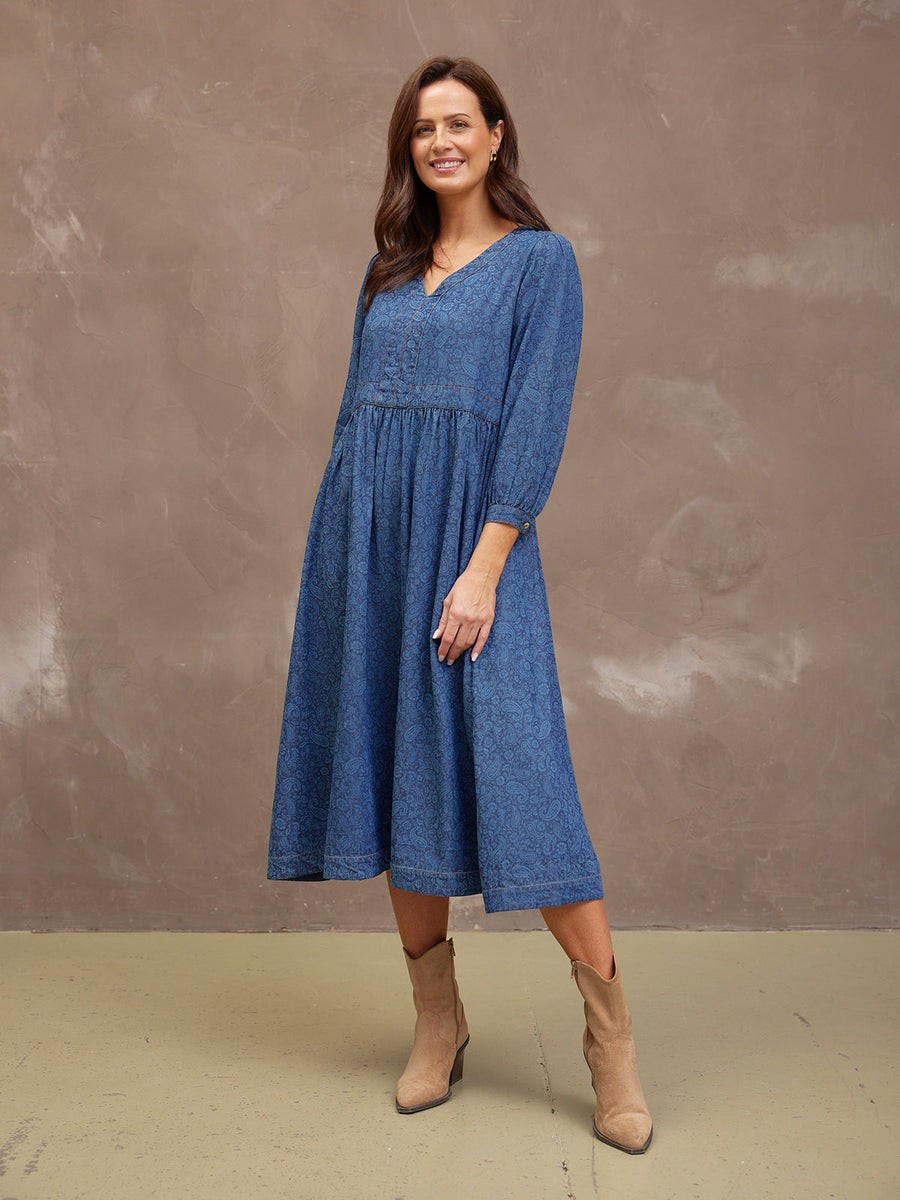 Jessica V-Neck Denim Dress - Printed Paisley