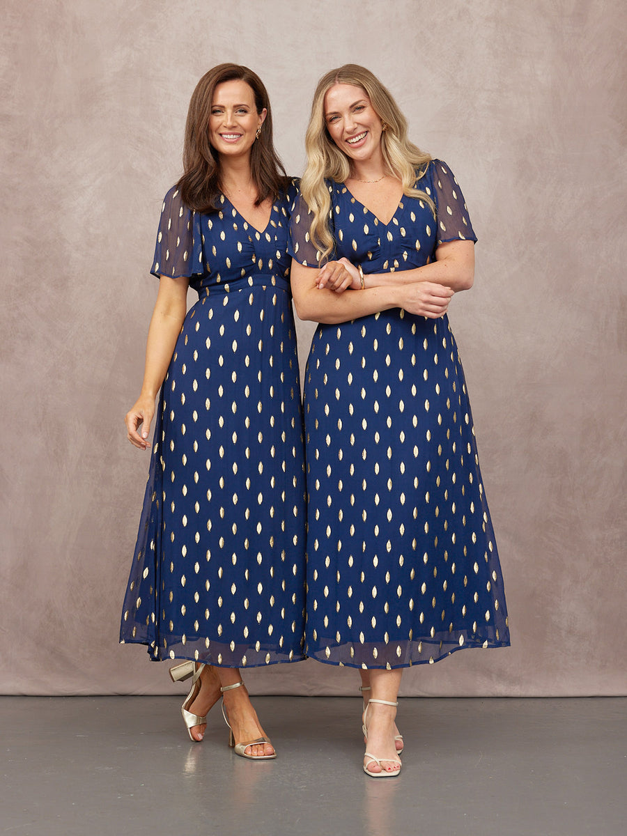 Helena Angel Sleeve Lurex Dress - Navy & Gold