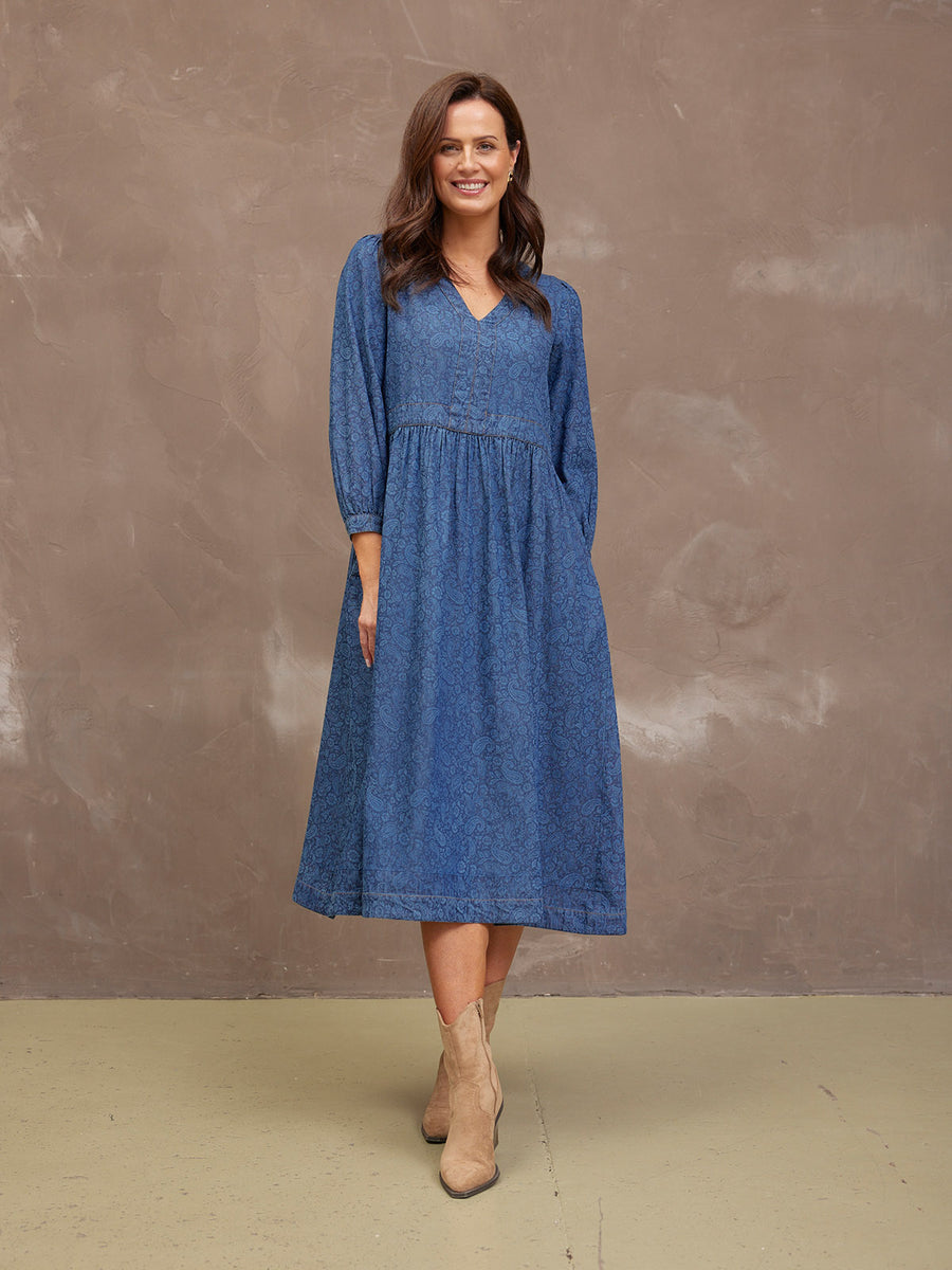 Jessica V-Neck Denim Dress - Printed Paisley This is Unfolded Jessica V-Neck Denim Dress - Printed Paisley This is Unfolded