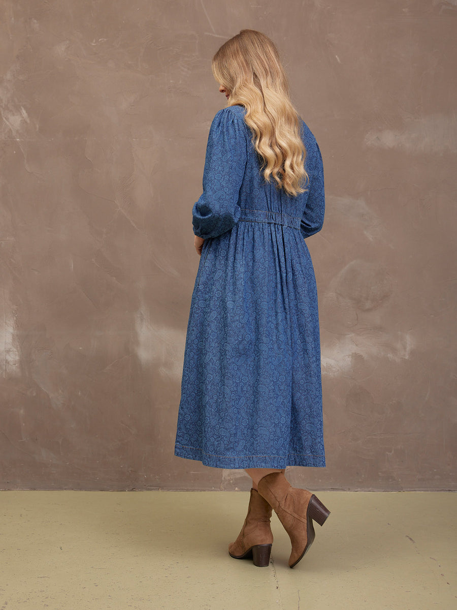 Jessica V-Neck Denim Dress - Printed Paisley