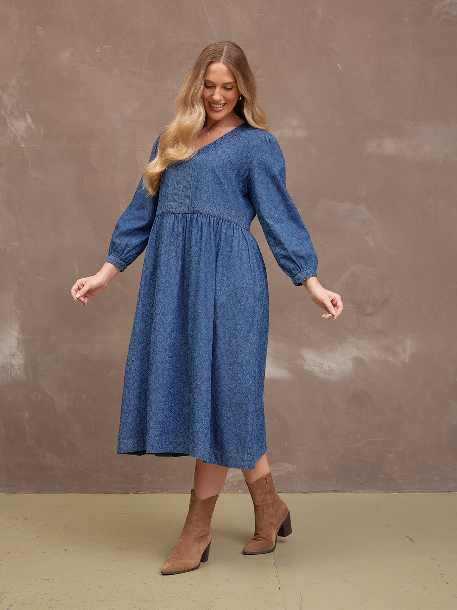 Jessica V-Neck Denim Dress - Printed Paisley