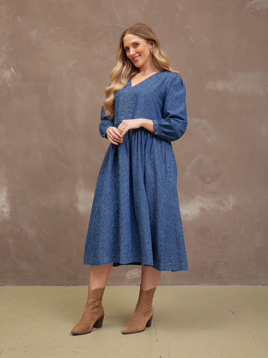 Jessica V-Neck Denim Dress - Printed Paisley