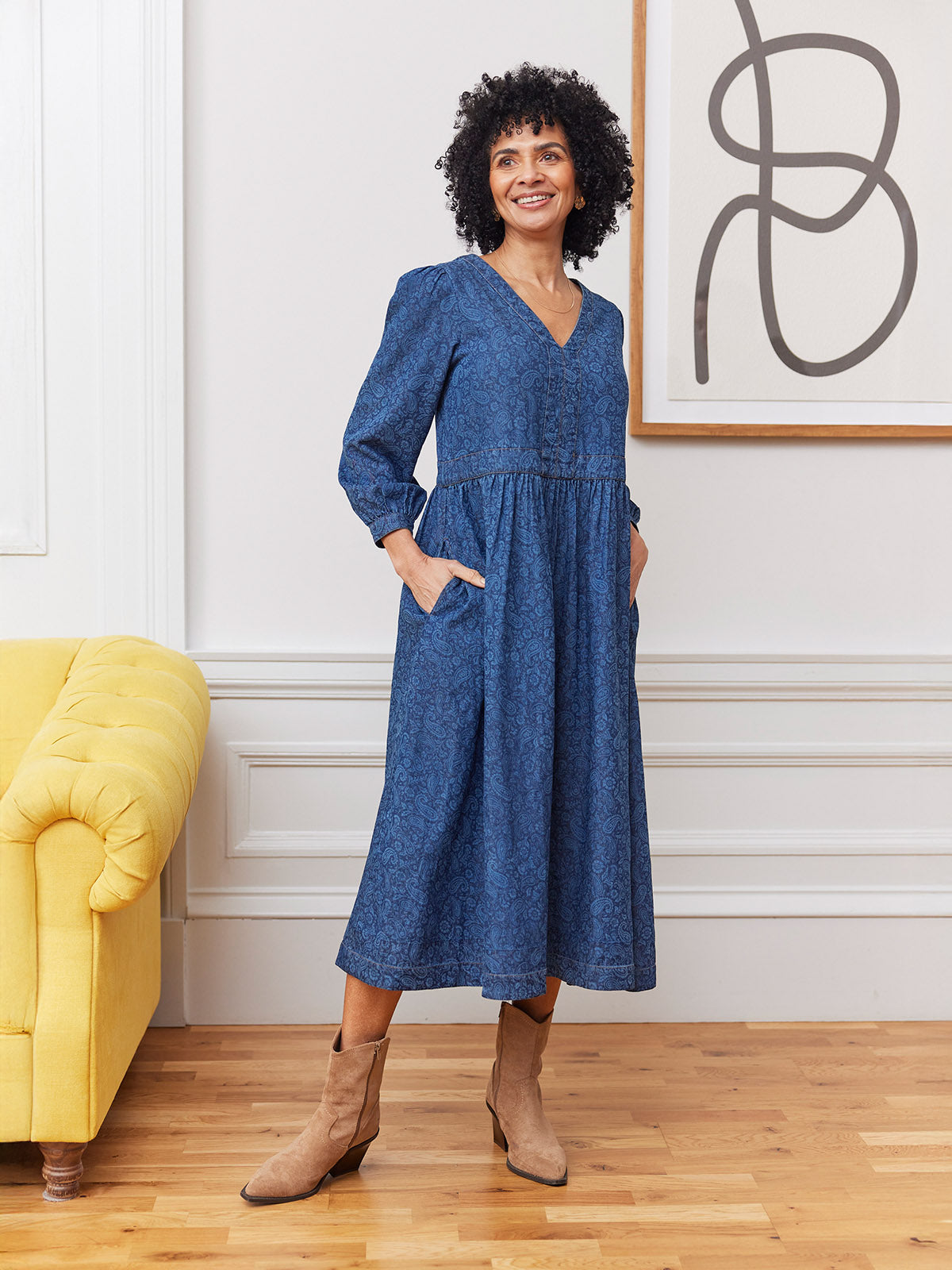 Jessica V-Neck Denim Dress - Printed Paisley – This is Unfolded