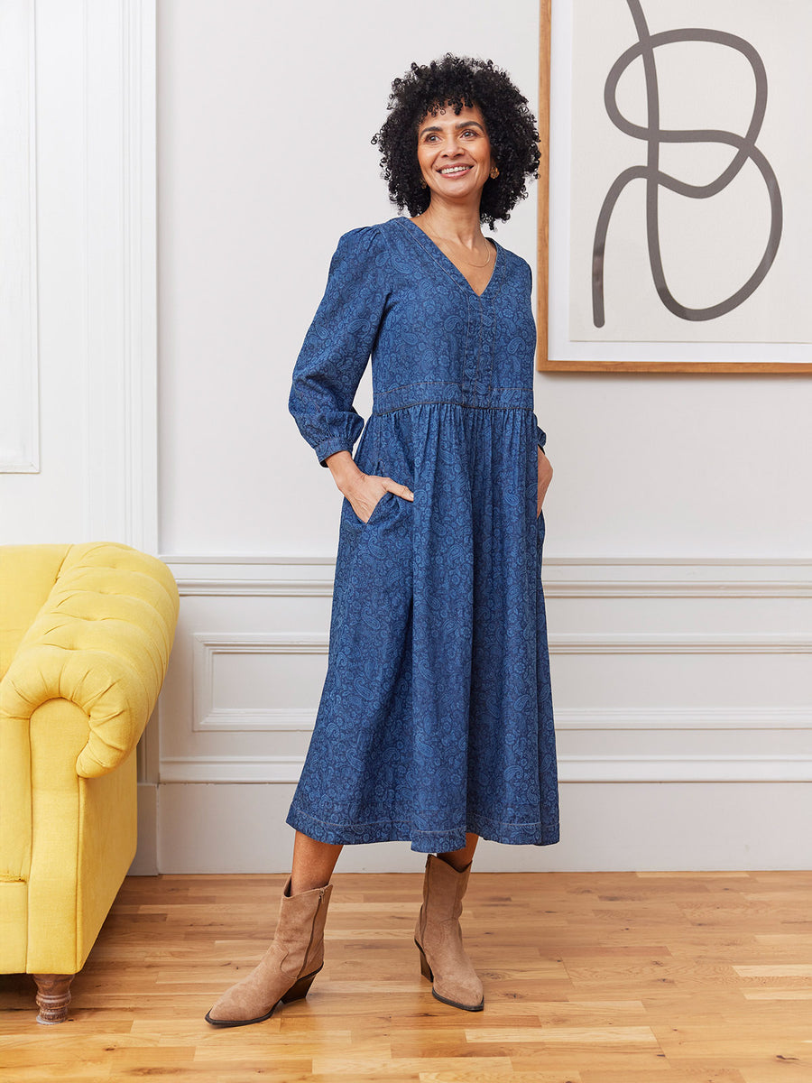 Jessica V-Neck Denim Dress - Printed Paisley This is Unfolded Jessica V-Neck Denim Dress - Printed Paisley This is Unfolded