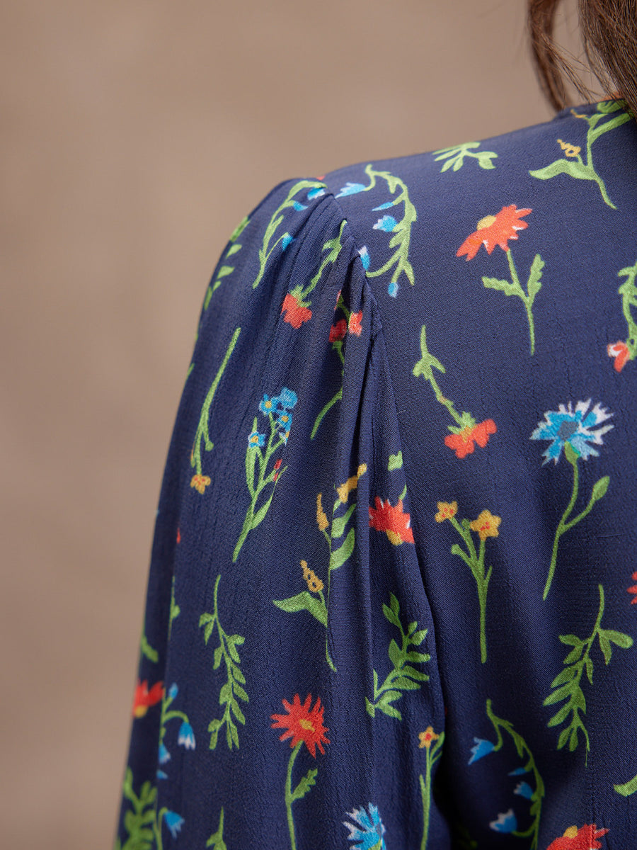 Monica V-Neck Tea Dress - Navy Floral