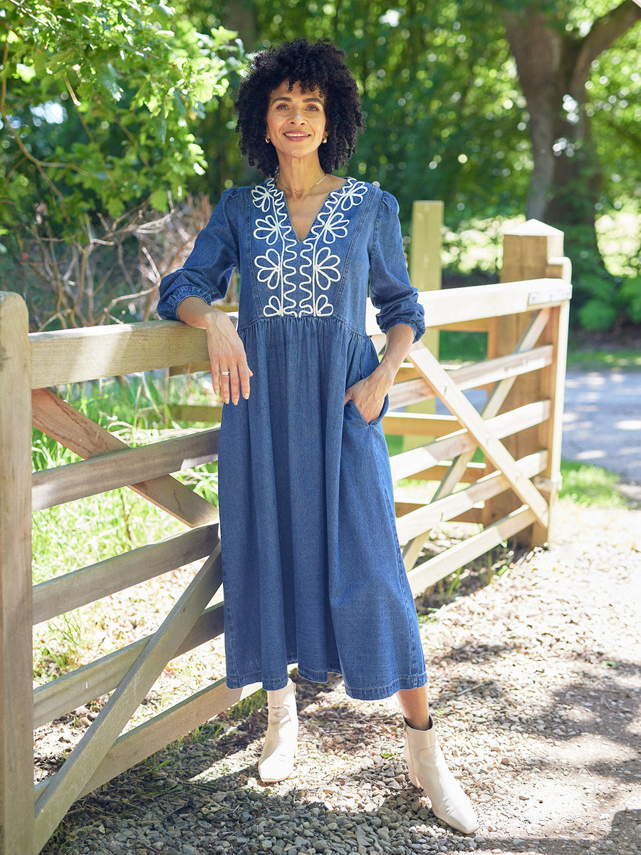 Gina Floral Decor Detail Denim Dress