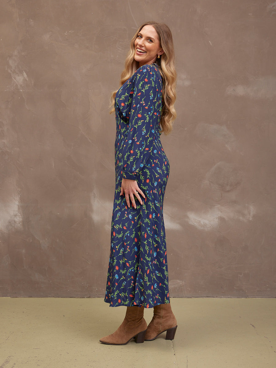 Monica V-Neck Tea Dress - Navy Floral