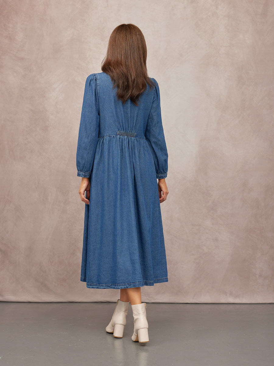 Gina Floral Decor Detail Denim Dress - Blue