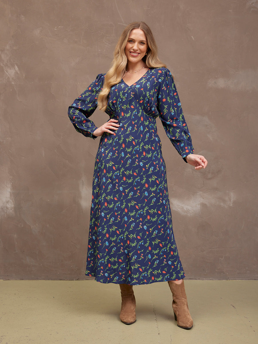 Monica V-Neck Tea Dress - Navy Floral