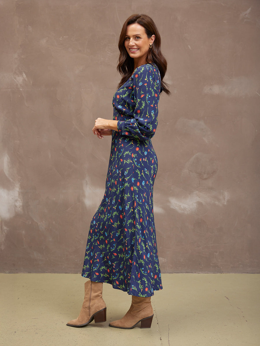 Monica V-Neck Tea Dress - Navy Floral