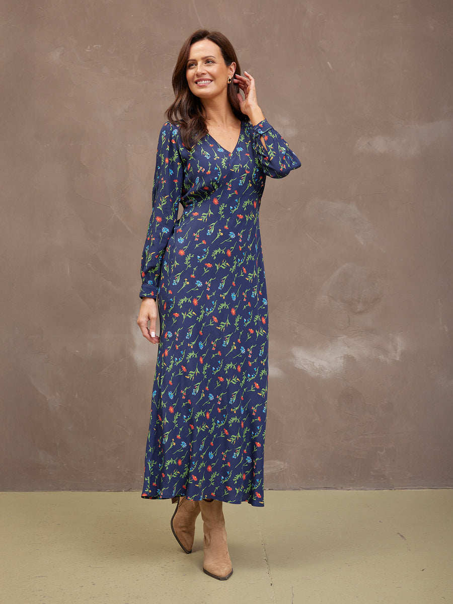Monica V-Neck Tea Dress - Navy Floral