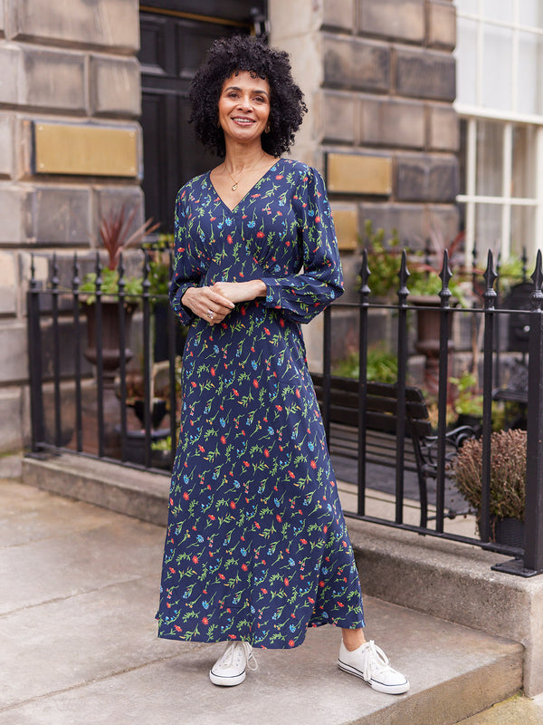 Monica V-Neck Tea Dress - Navy Floral