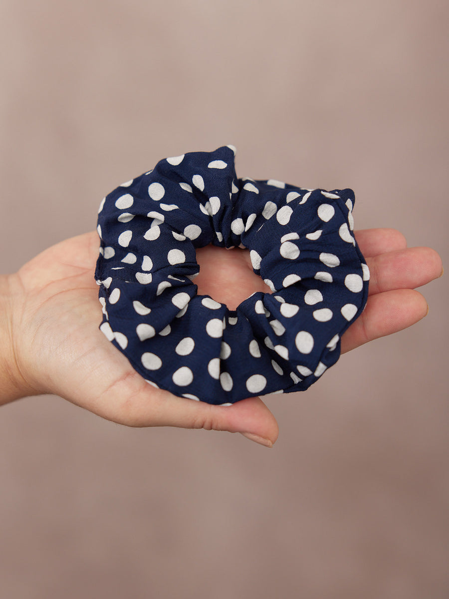 India - Hair Scrunchie - Navy Polka Dot