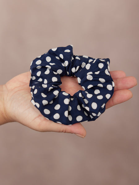India - Hair Scrunchie - Navy Polka Dot