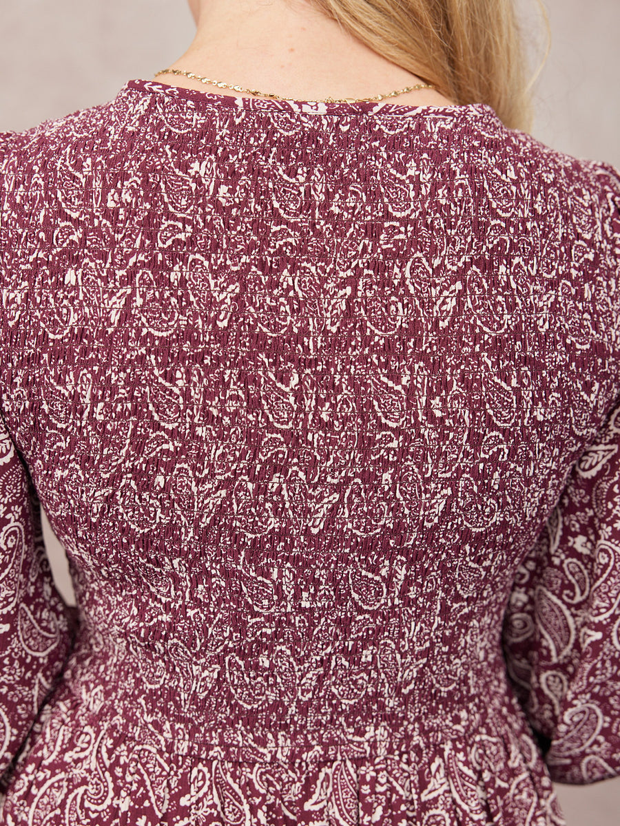 Gillian Shirred Bodice Dress - Maroon Paisley Print