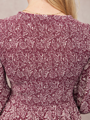 Gillian Shirred Bodice Dress - Maroon Paisley Print