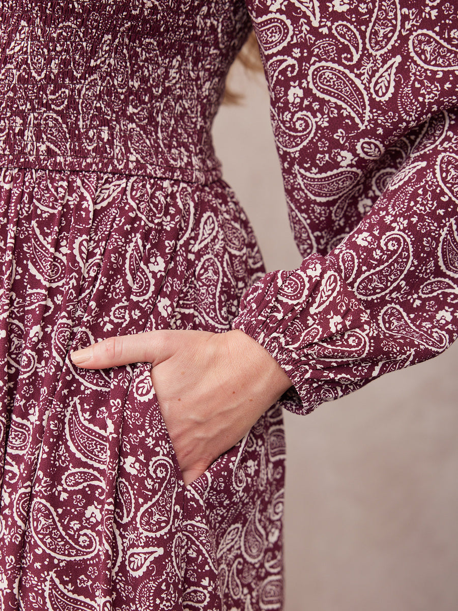 Gillian Shirred Bodice Dress - Maroon Paisley Print