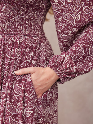 Gillian Shirred Bodice Dress - Maroon Paisley Print