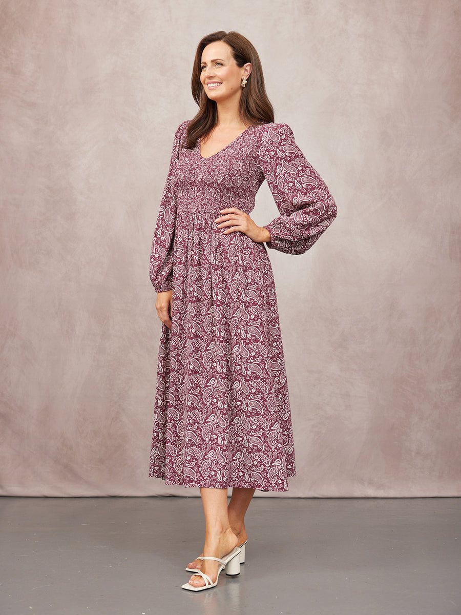 Gillian Shirred Bodice Dress - Maroon Paisley Print