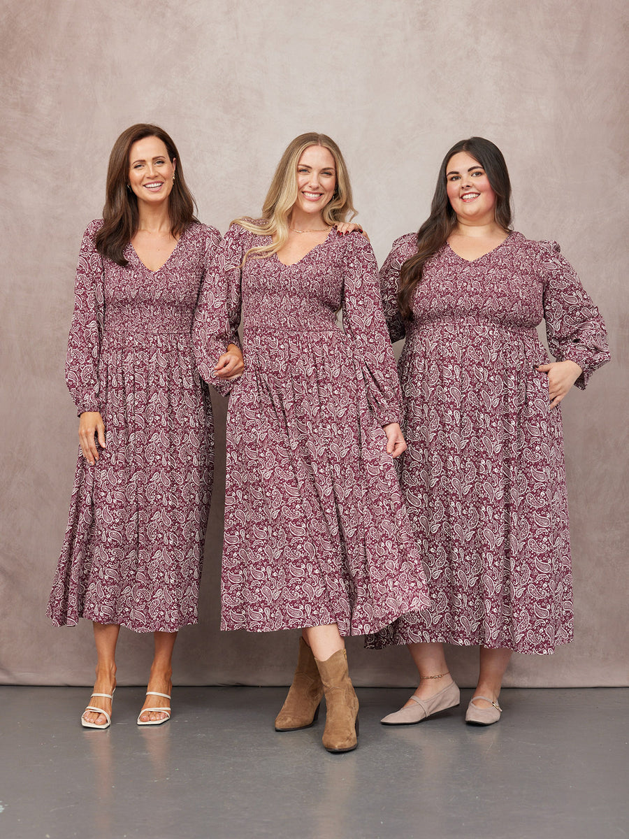 Gillian Shirred Bodice Dress - Maroon Paisley Print