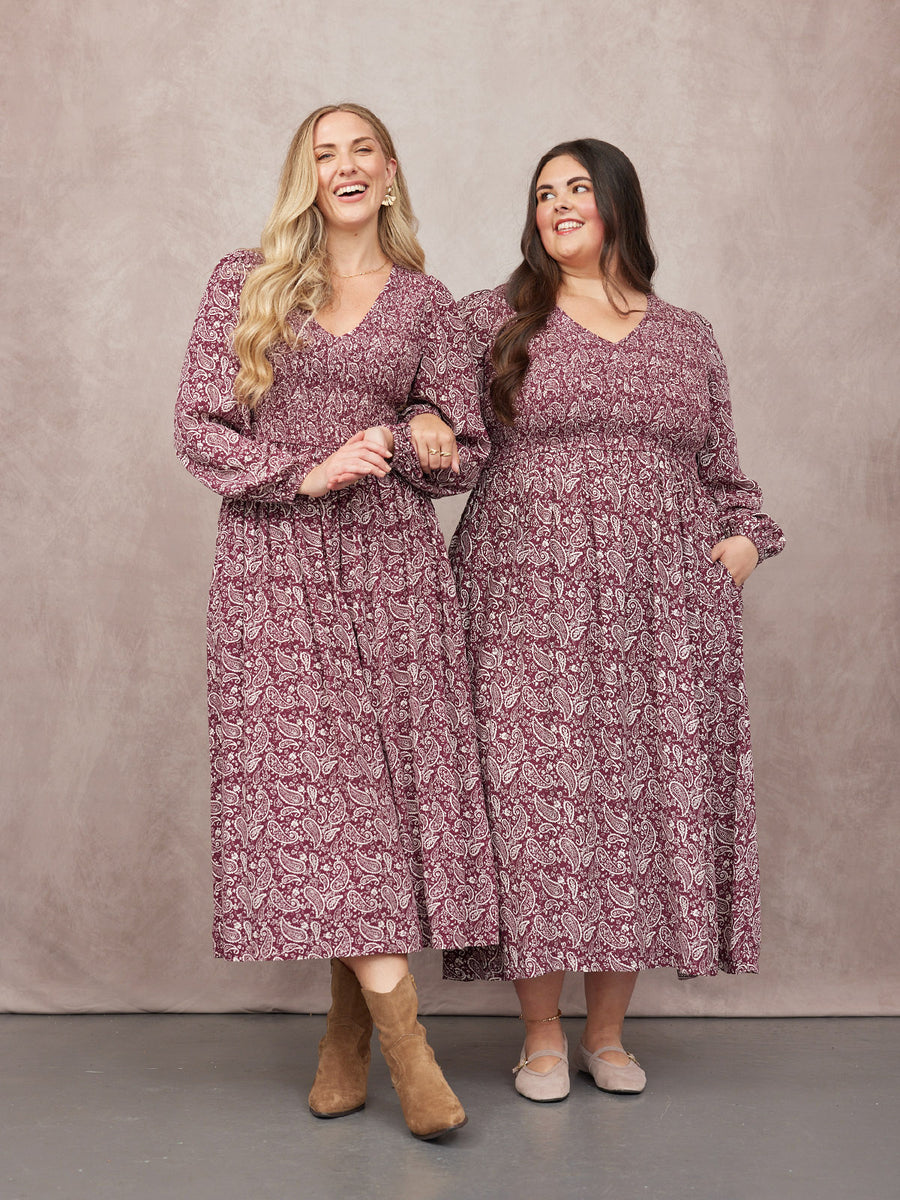 Gillian Shirred Bodice Dress - Maroon Paisley Print