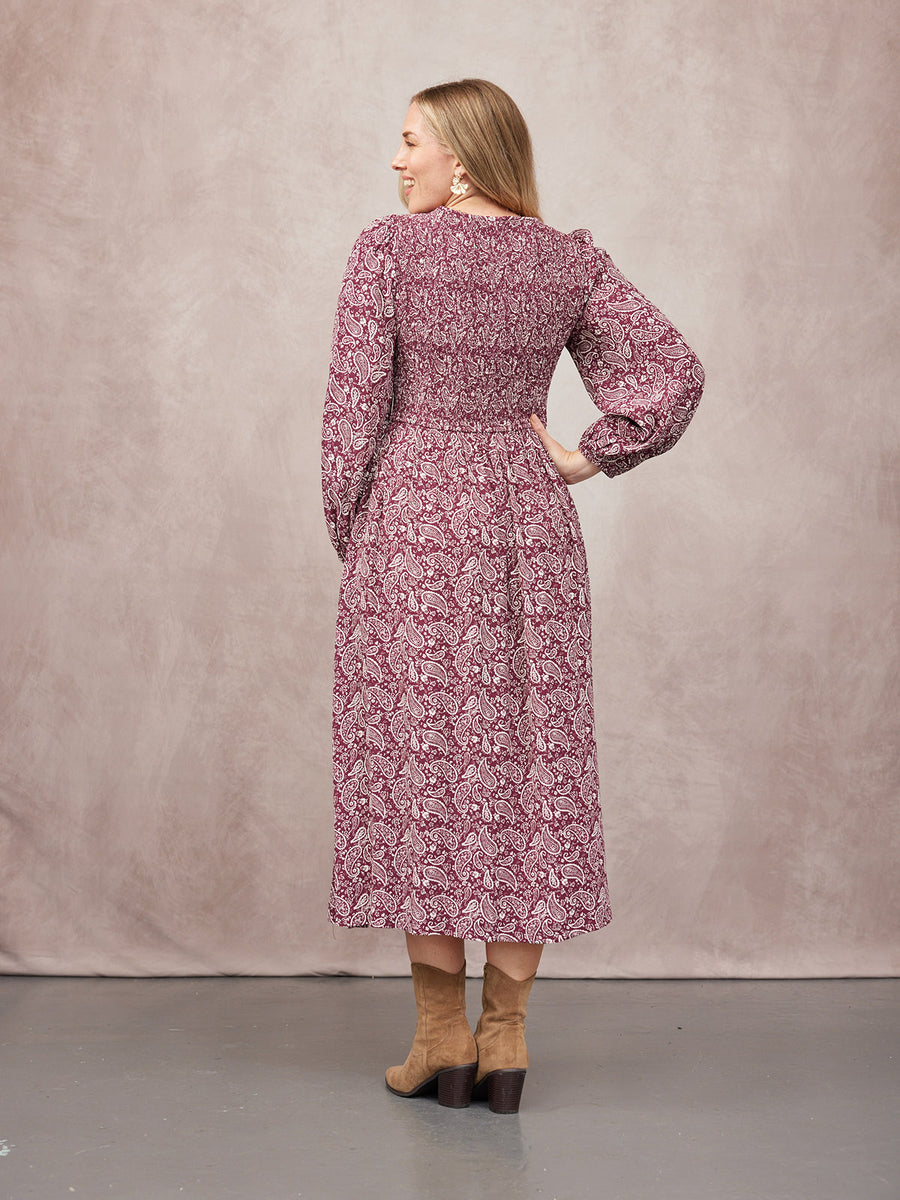 Gillian Shirred Bodice Dress - Maroon Paisley Print