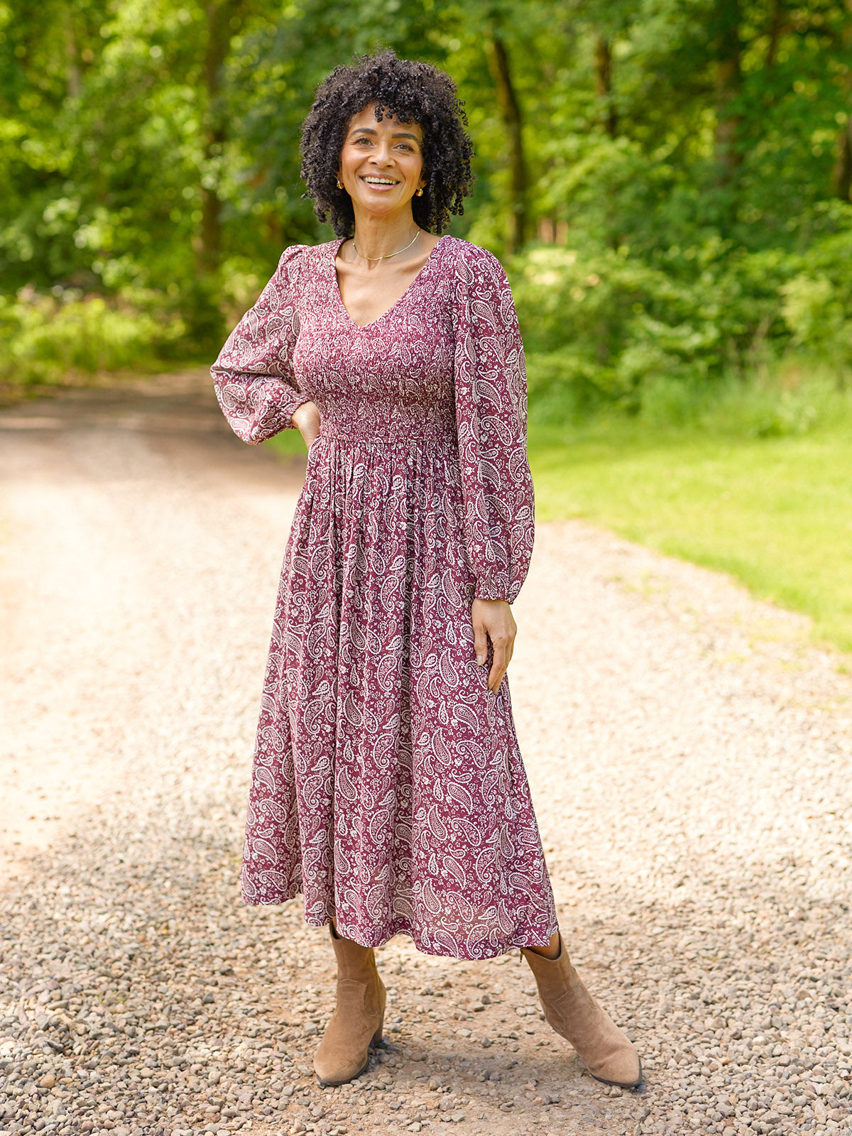 Gillian Shirred Bodice Dress - Maroon Paisley Print – This is Unfolded