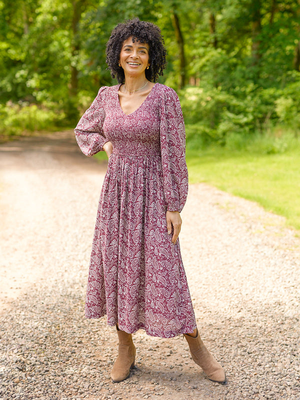 Gillian Shirred Bodice Dress - Maroon Paisley Print
