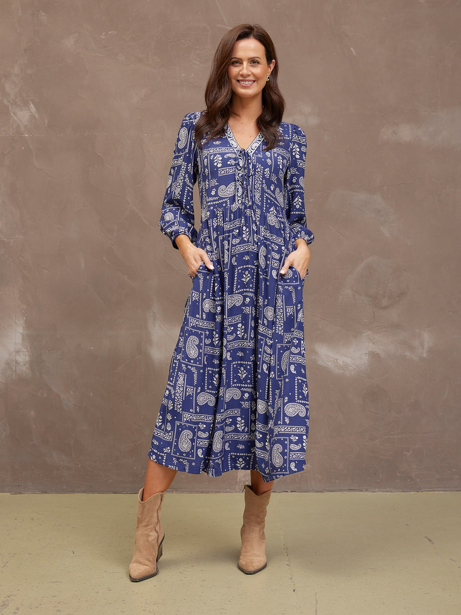 Naaila Paisley Dress - Navy