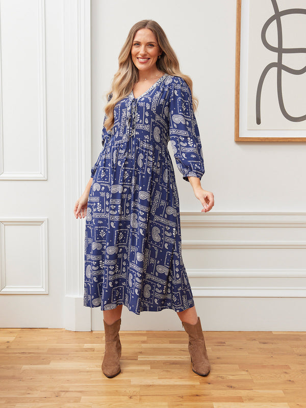 Naaila Paisley Dress - Navy