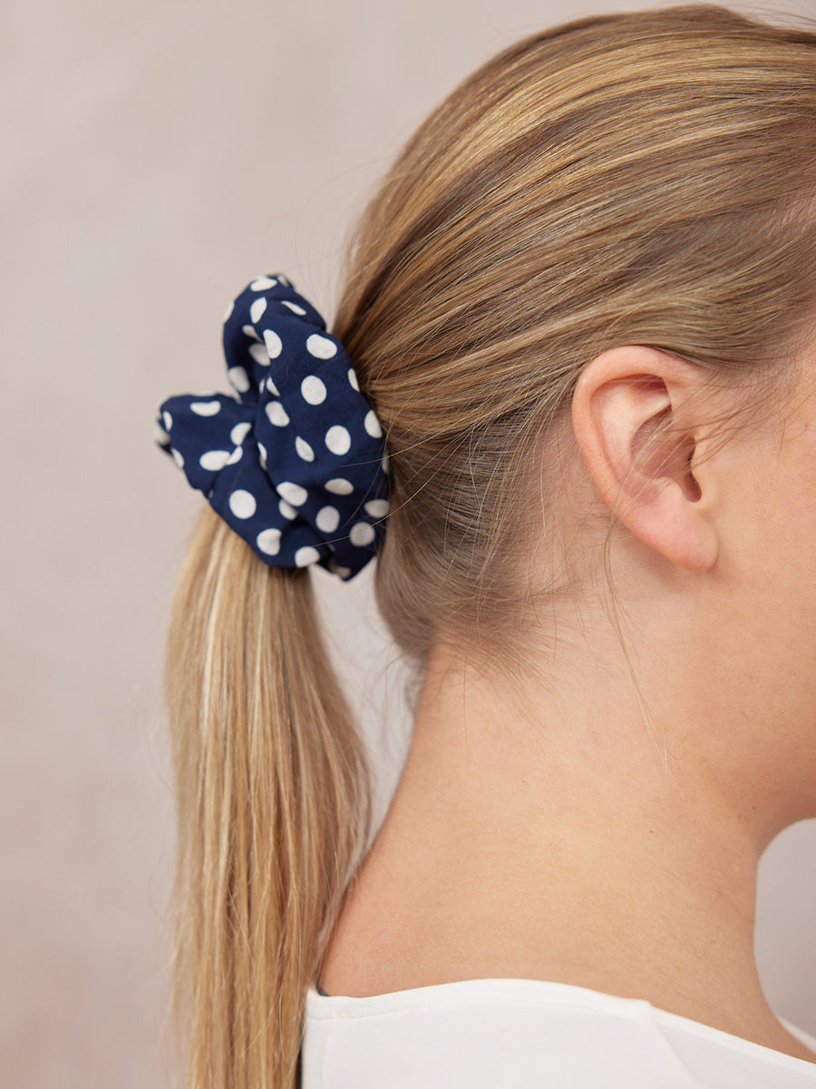 India - Hair Scrunchie - Navy Polka Dot