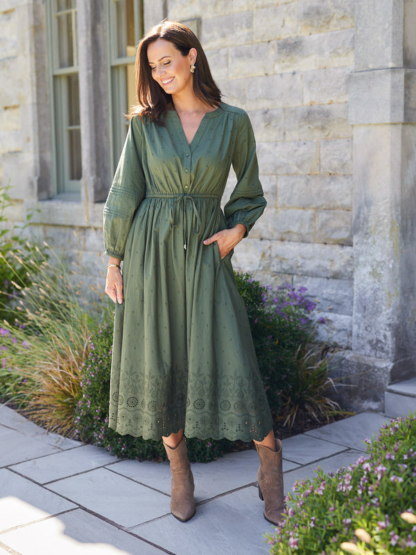 Ellen Long Sleeve Tie Waist Broderie Detail Dress - Khaki