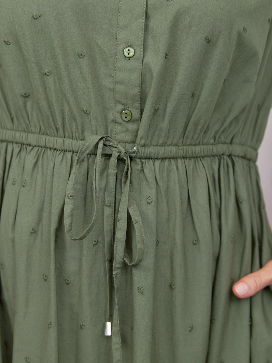 Ellen Long Sleeve Tie Waist Broderie Detail Dress - Khaki