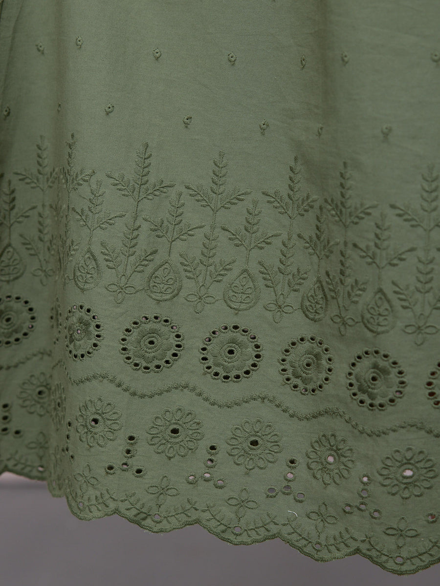 Ellen Long Sleeve Tie Waist Broderie Detail Dress - Khaki